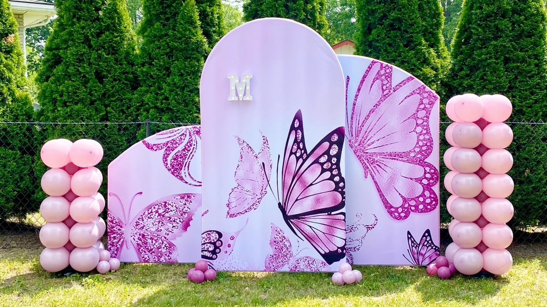Butterfly backdrop stands with balloons. Newmarket, Bradford, Barrie and gta!