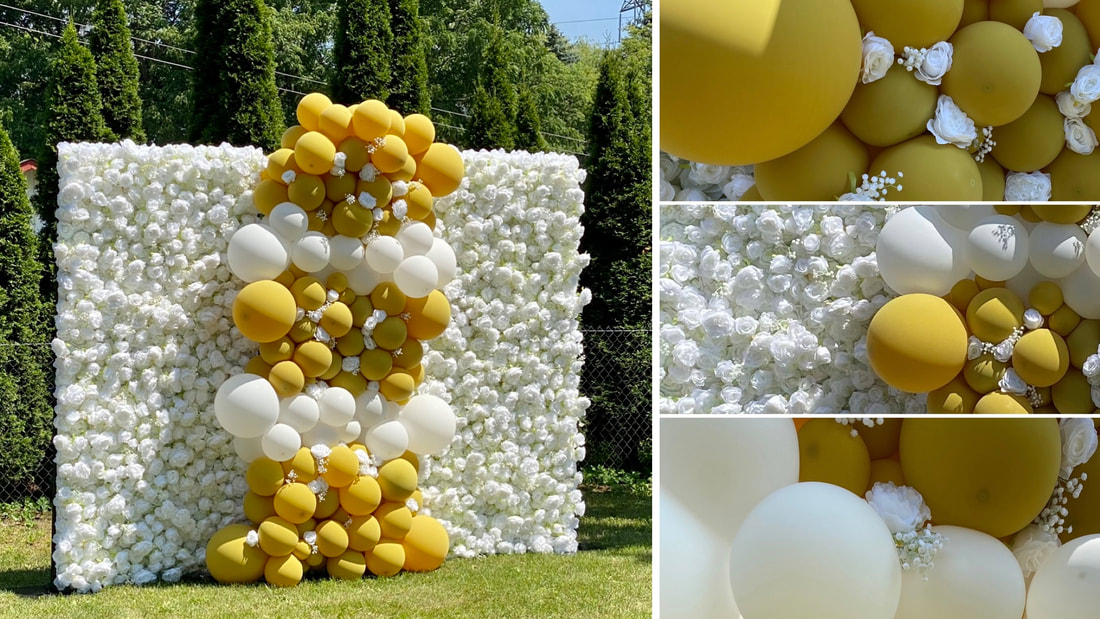 All white flower wall with mustard/white balloons. Rent me today!
