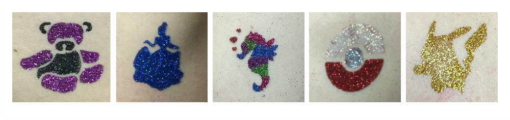 Glitter tattoos including pokemon, picachu, cinderella and more. Fun for parties in Toronto!