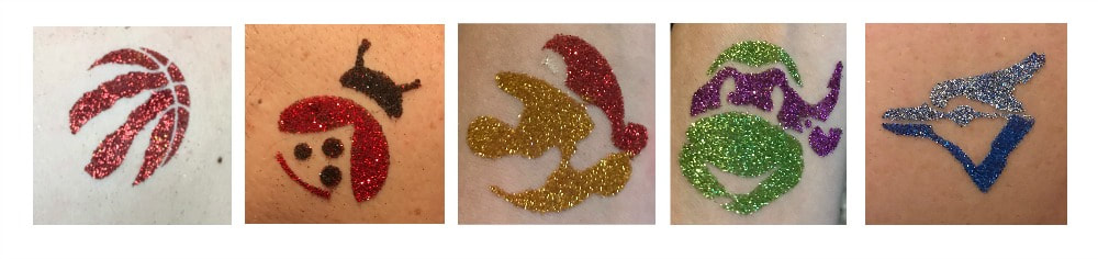 Glitter tattoo station with mario, ninja turtles, toronto bluejays, raptors and more. Hire a glitter tattoo station for your event!
