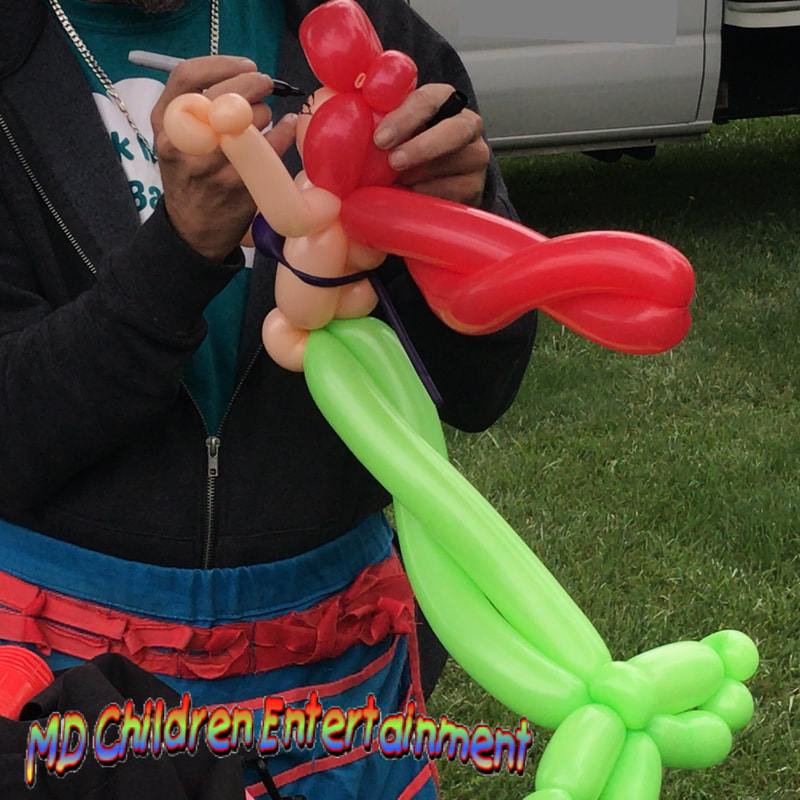 Ariel balloon animal! Hire us for kids birthday parties, corporate events, grand openings, festivals and more!