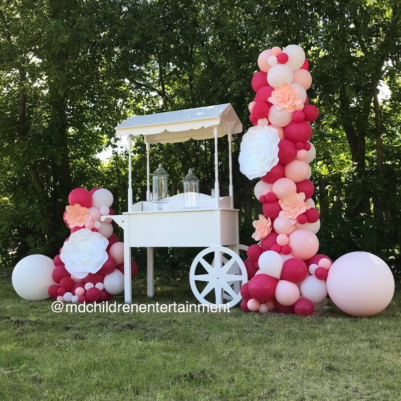 Organic balloon decor with candy cart. Candy cart available to rent!