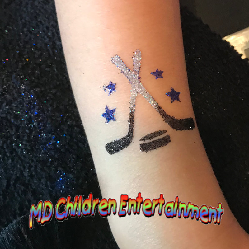 Hockey glitter tattoo. We offer glitter tattoo stations for corporate events in Toronto, Ontario!